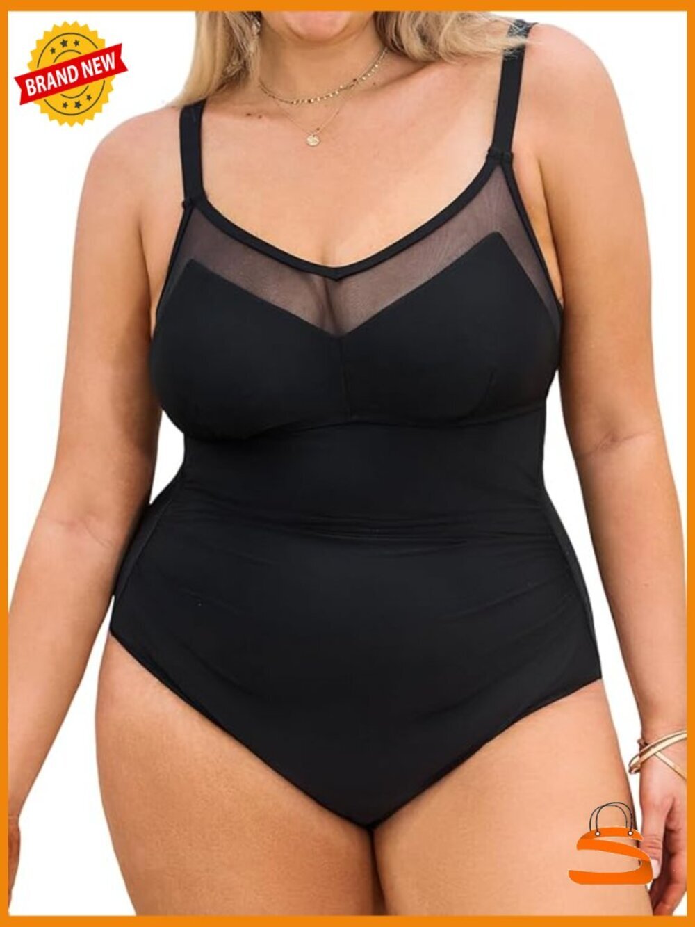 Plus Size One Piece Swimsuit V Neck Mesh Swimwear Adjustable Straps Back Hook